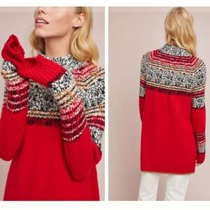 MOTH by Anthropologie Fair Isle Mock Neck Pullover Sweater Tunic Dress XXS Red